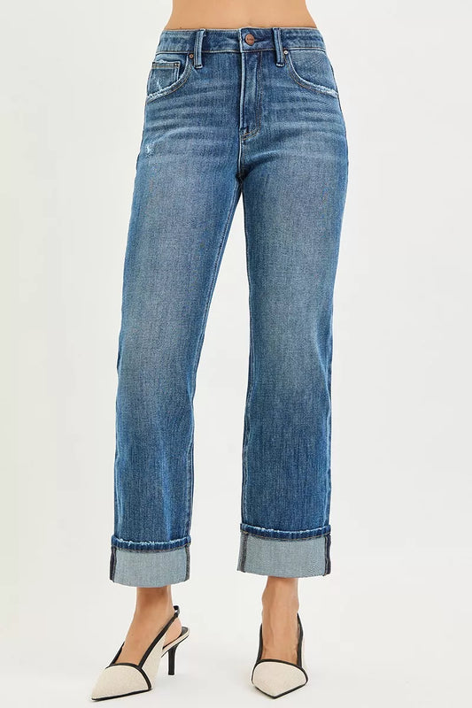 Full Size 4 Way Stretch Slouchy Straight Jeans with Cuffed Hem Plus Size