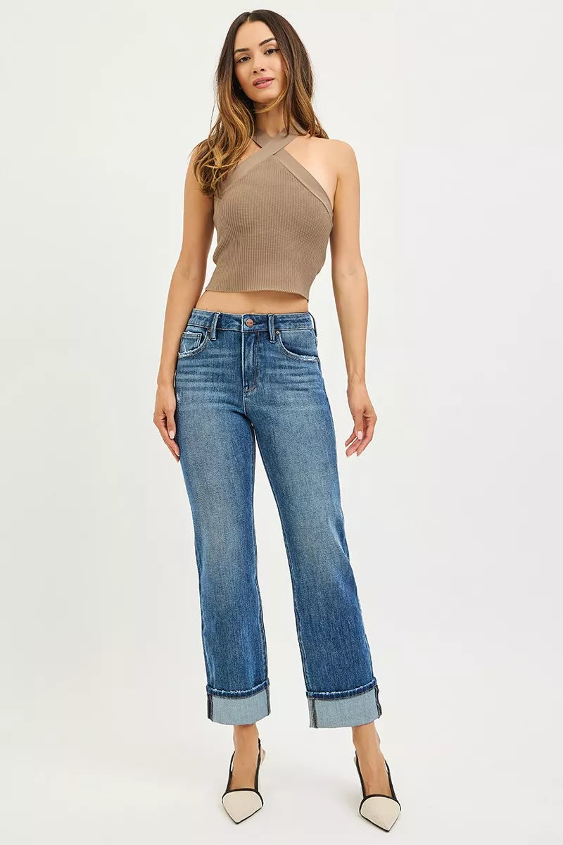 Full Size 4 Way Stretch Slouchy Straight Jeans with Cuffed Hem Plus Size
