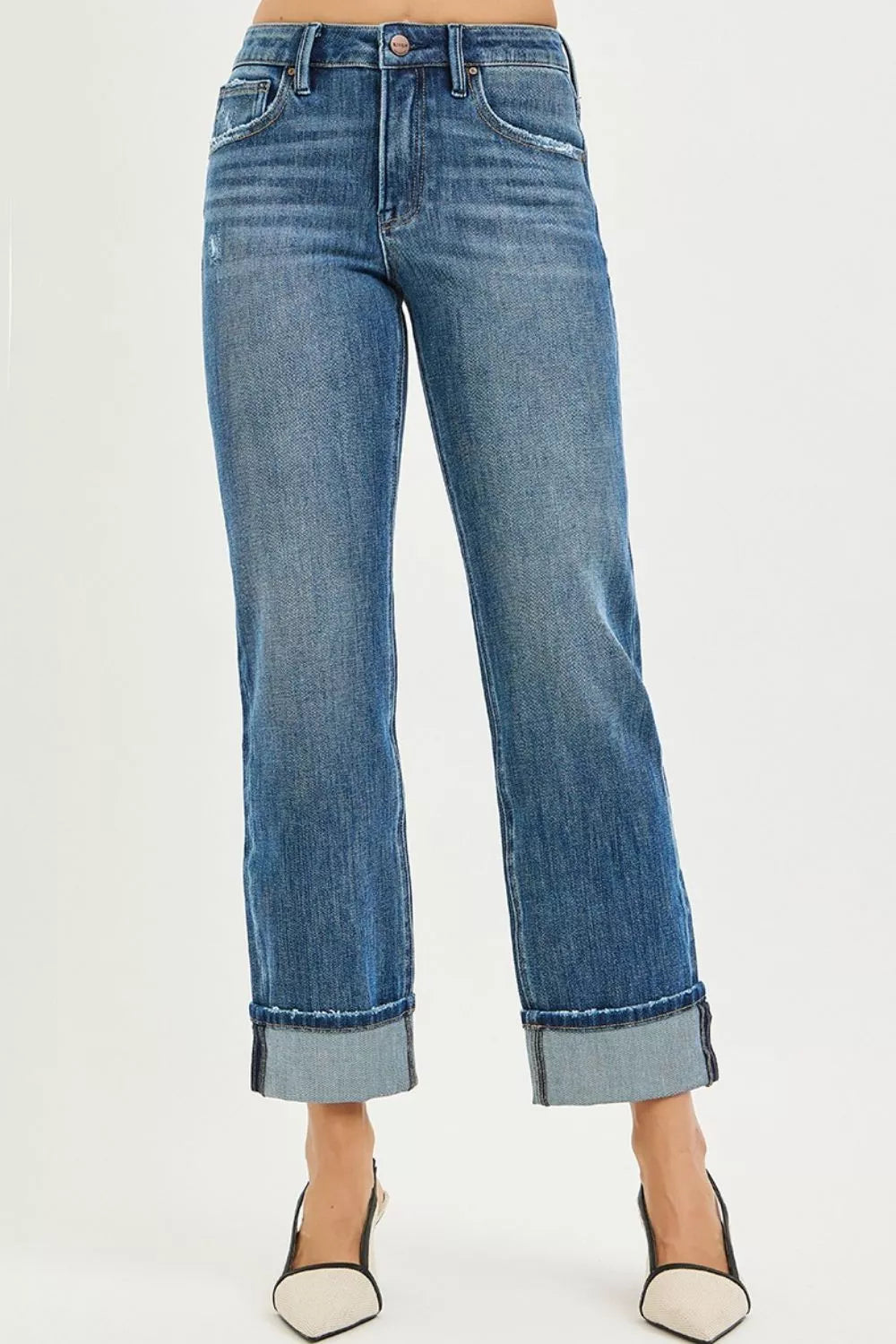 Full Size 4 Way Stretch Slouchy Straight Jeans with Cuffed Hem Plus Size