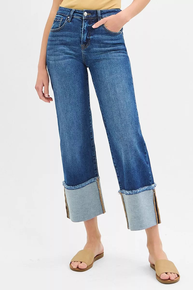 Full Size Mid Rise Crop Wide Wide Cuffed Jeans Plus Size