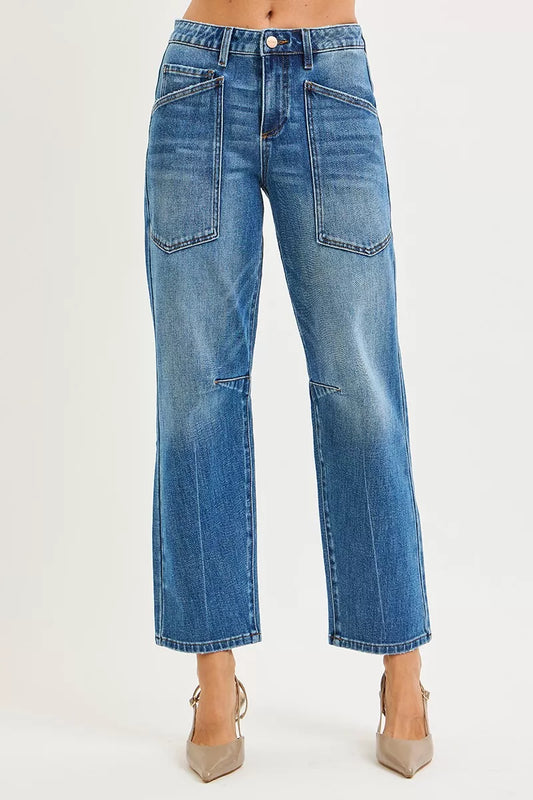 4 Way Stretch Mid Rise Barrel Jeans with Patch Pocket Detail
