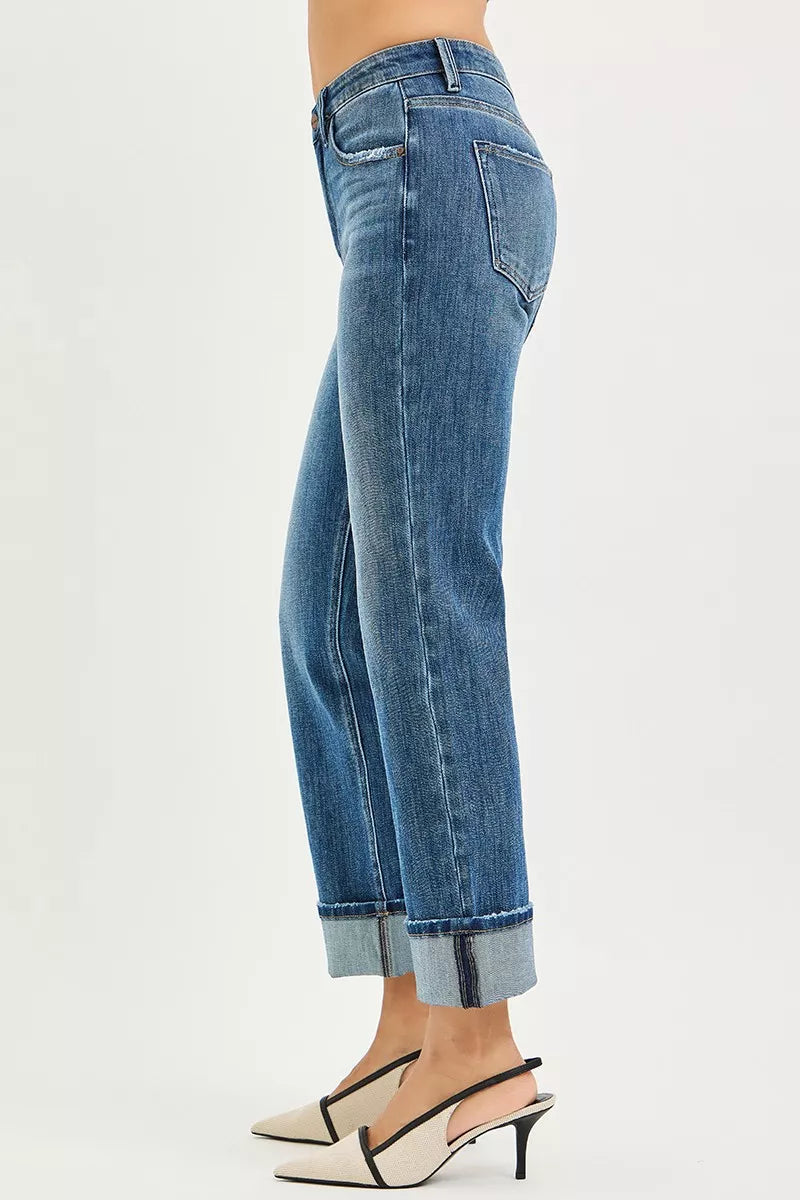Full Size 4 Way Stretch Slouchy Straight Jeans with Cuffed Hem Plus Size